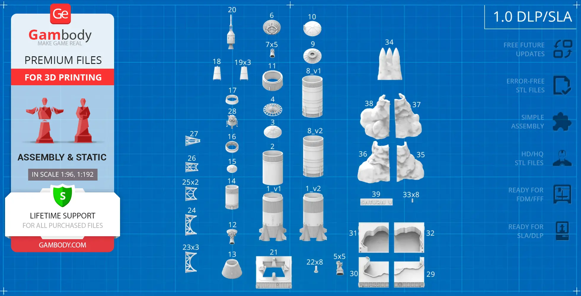 Apollo 11 Saturn V Rocket parts layout for 3D printing, numbered and organized on a blueprint background.