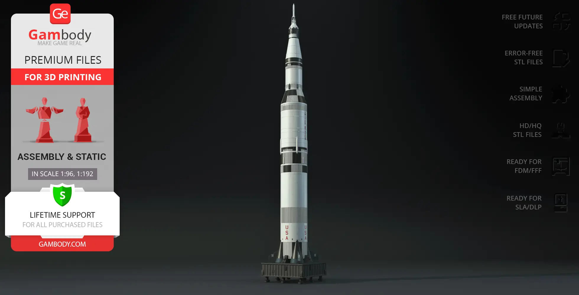 Saturn V rocket 3D model, detailed design for 3D printing, showcased on a dark background.
