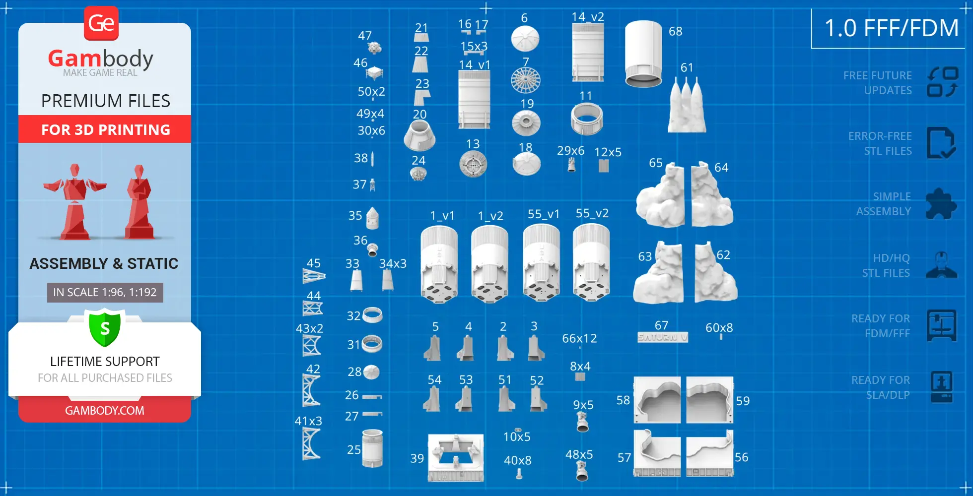 Apollo 11 Saturn V rocket 3D model parts labeled for printing on a blue background.