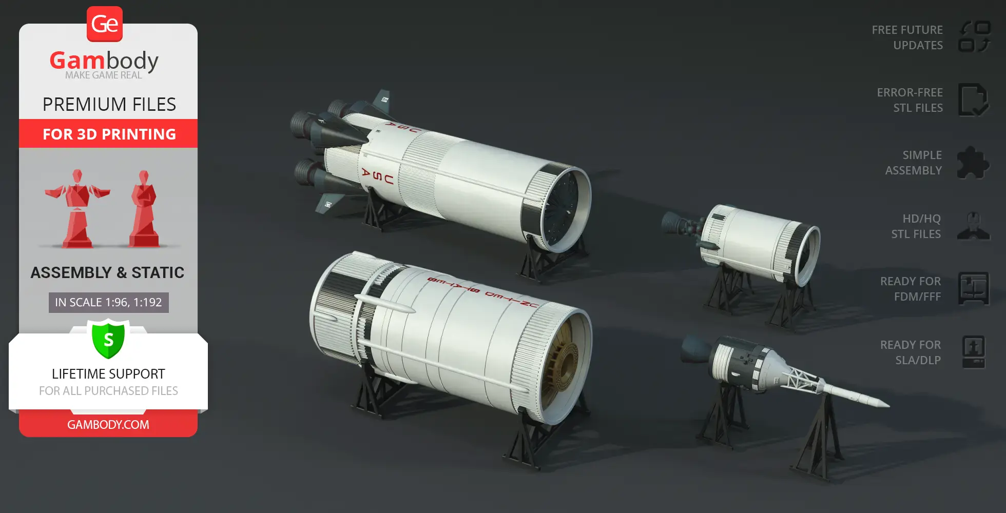 3D model of the Apollo 11 Saturn V rocket, segmented into parts on stands, ready for 3D printing.