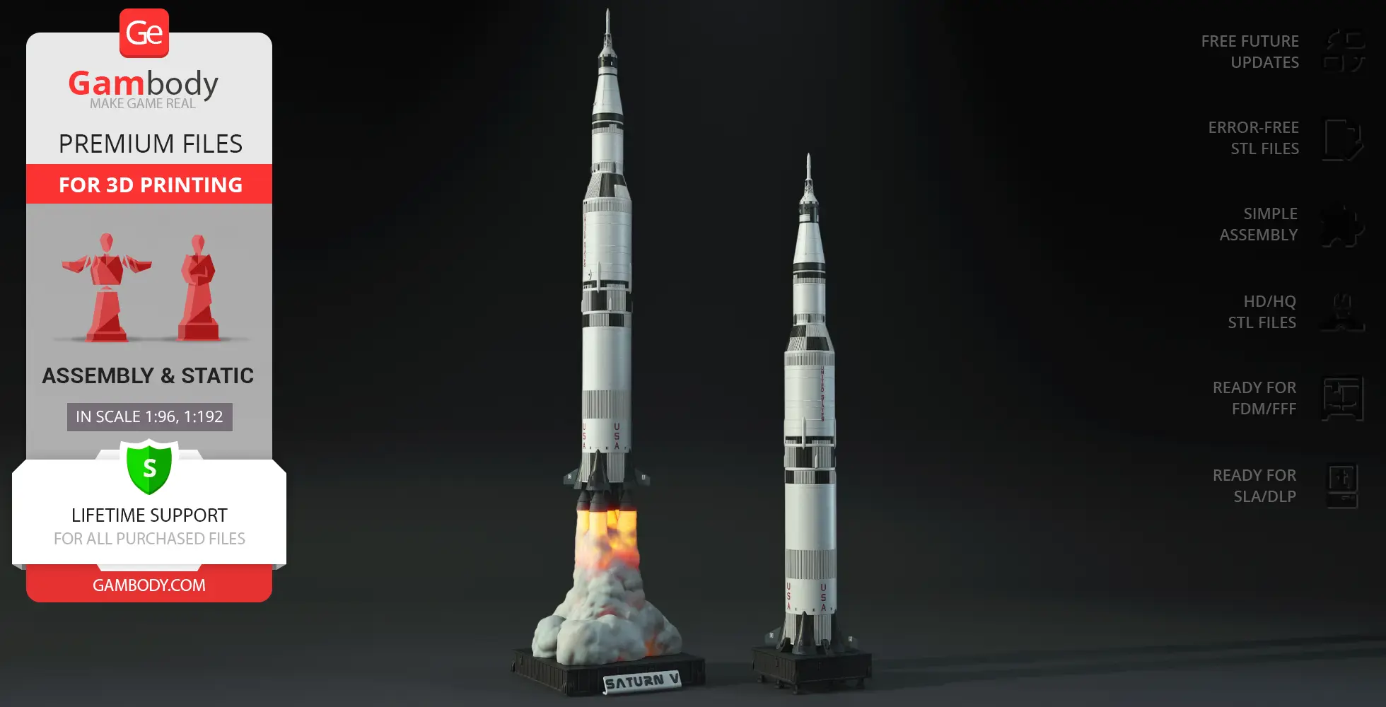 Two detailed Saturn V rocket models, one with launch effects, for 3D printing on Gambody platform.