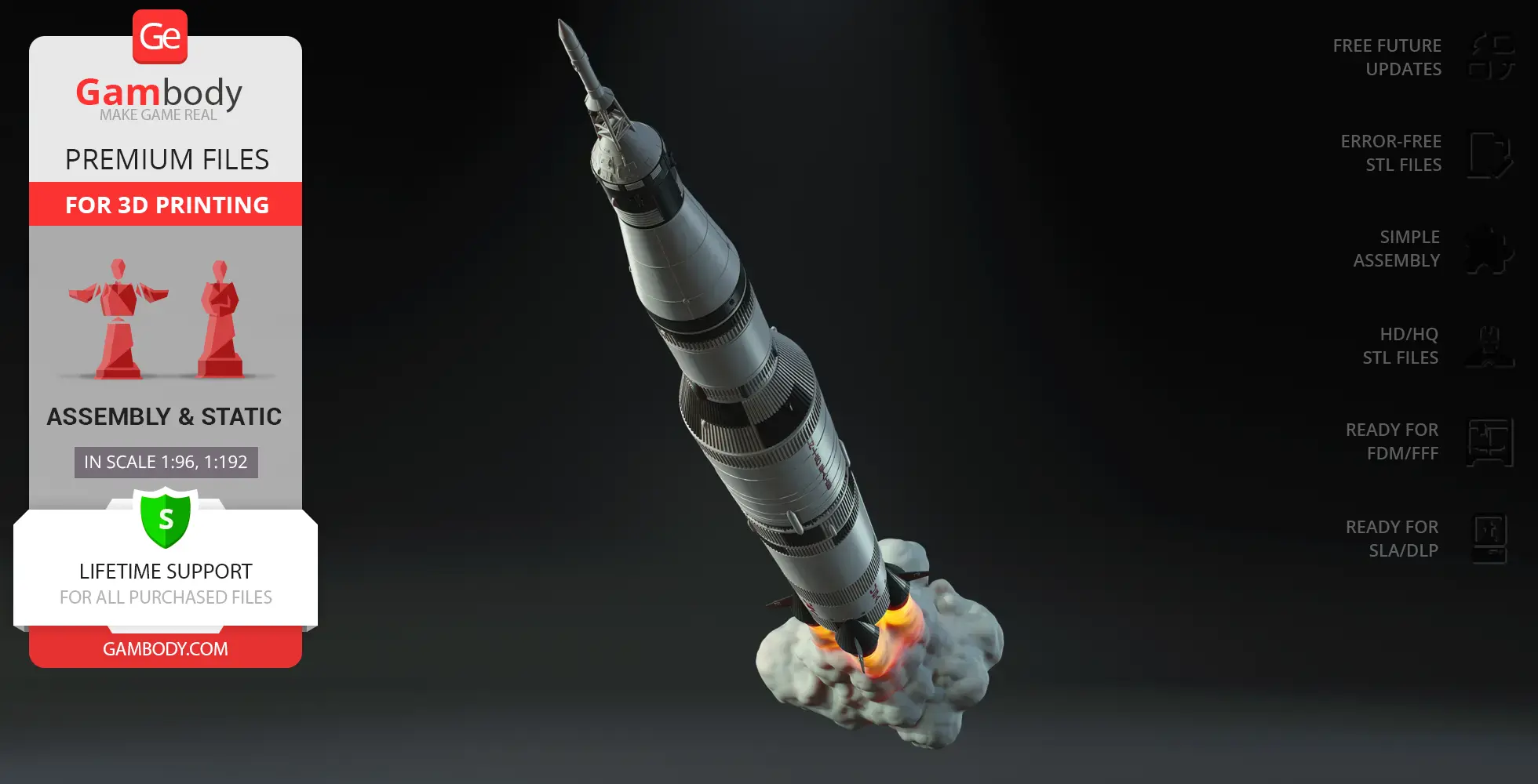 3D model of Apollo 11 Saturn V rocket with launch effects, designed for 3D printing.