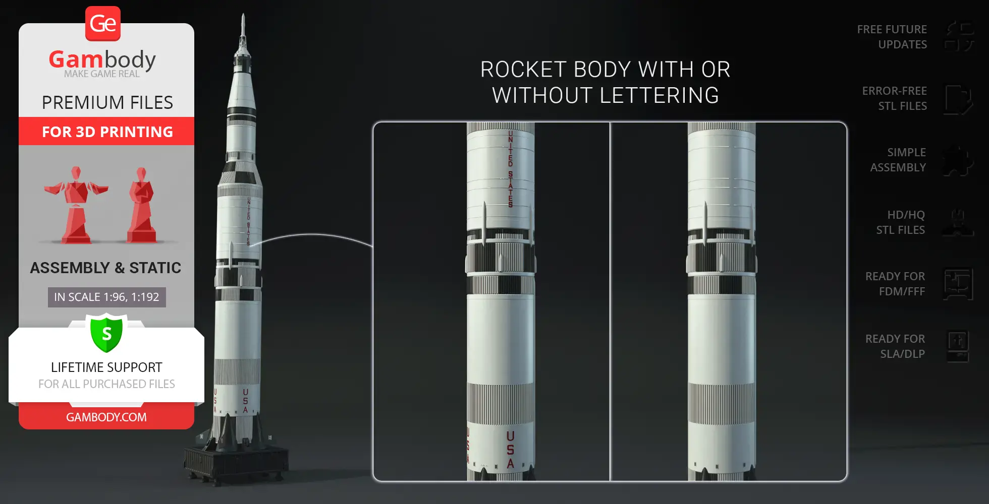 3D model of Apollo 11 Saturn V Rocket for printing, with optional lettering, in scale 1:96 or 1:192.