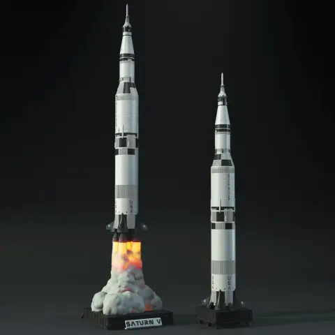 Two detailed 3D models of the Apollo 11 Saturn V rocket, one with a launch effect.