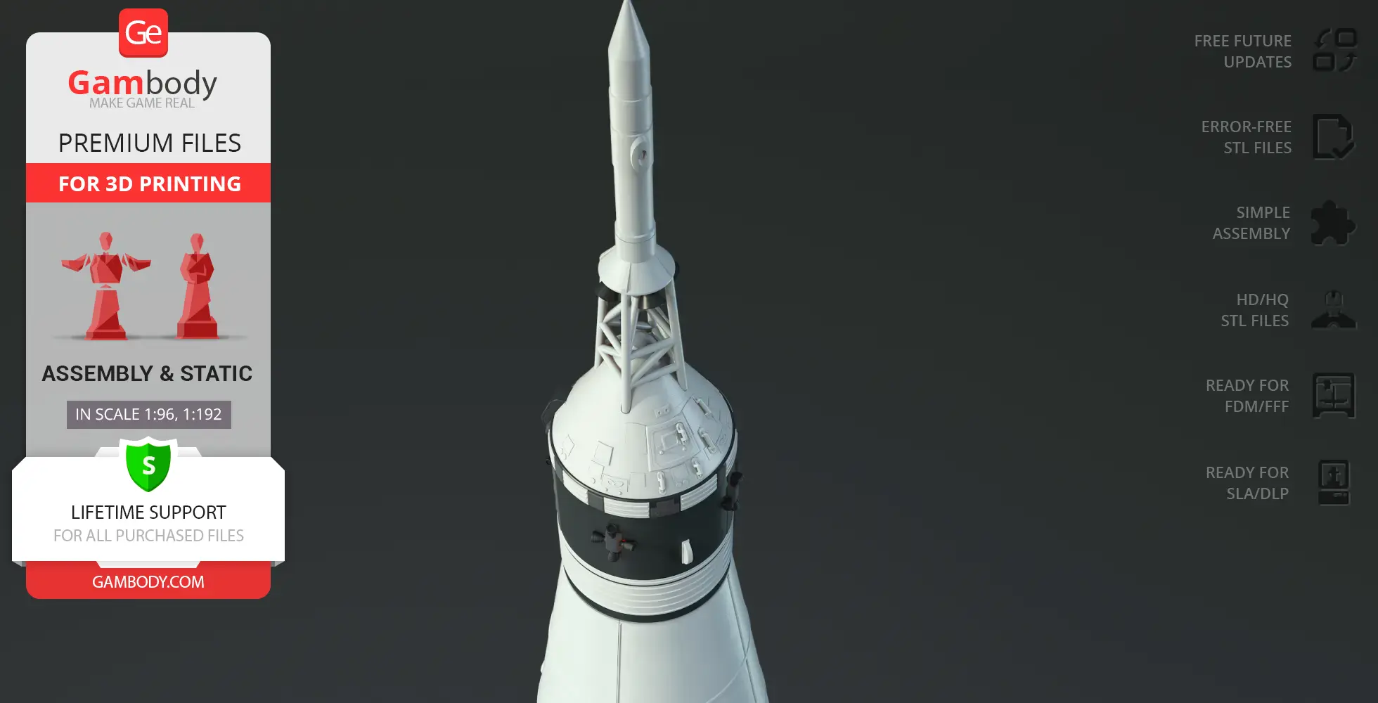 3D model of Apollo 11 Saturn V rocket for printing, detailed with launch escape system.
