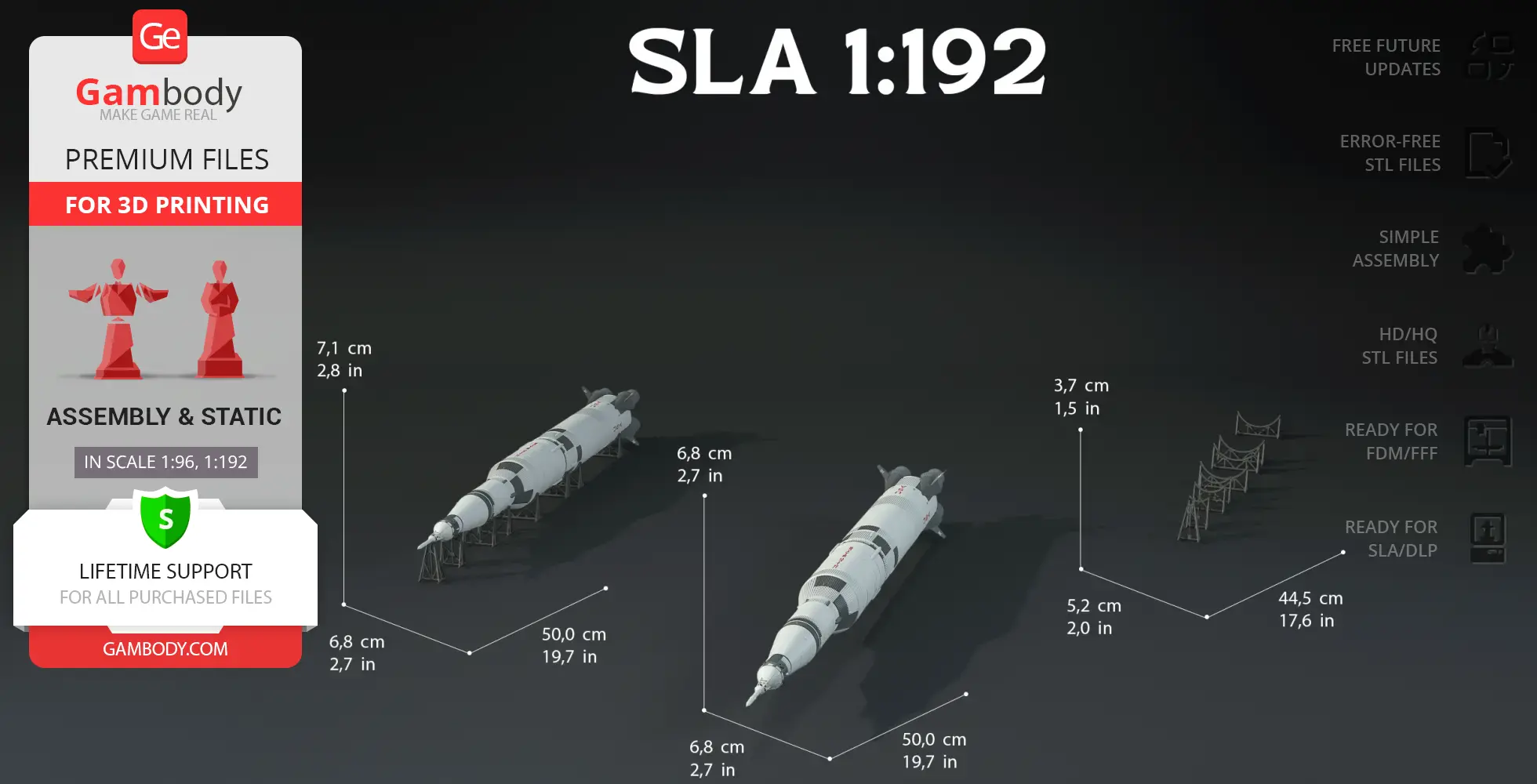 3D models of Apollo 11 Saturn V rocket; features include multiple scales and components for printing.