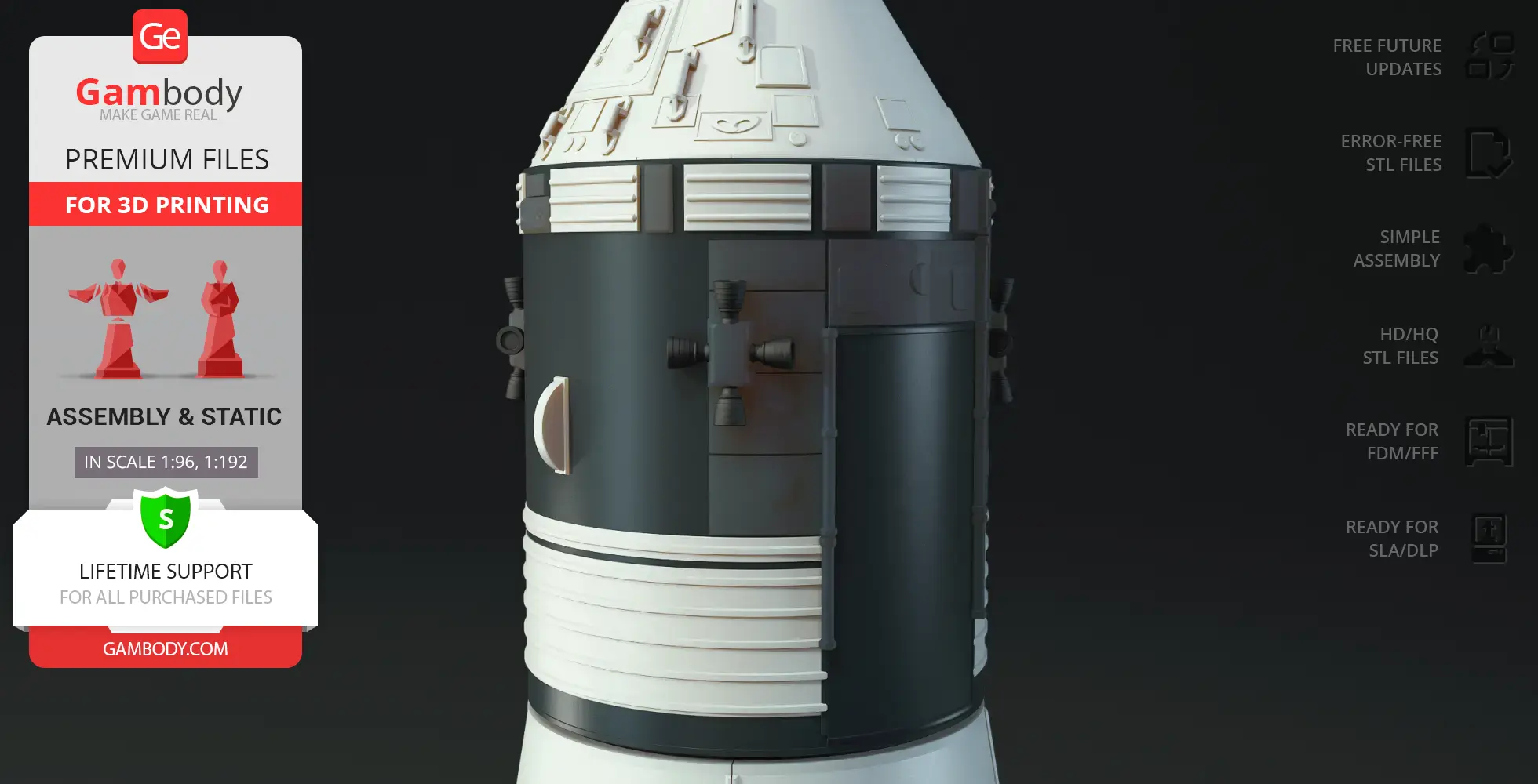 Detailed 3D model of Apollo 11 Saturn V Rocket top section, ready for 3D printing.
