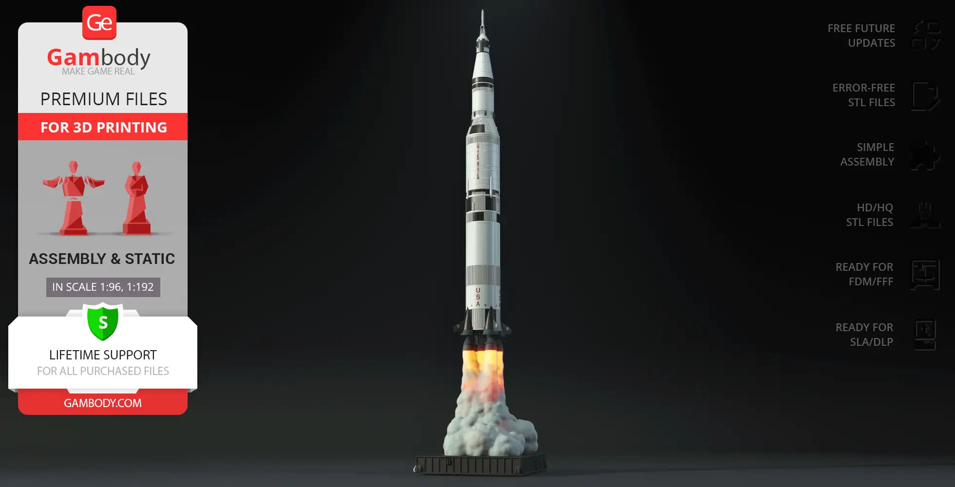 3D model of Apollo 11 Saturn V rocket with launch flames, designed for 3D printing by Gambody.