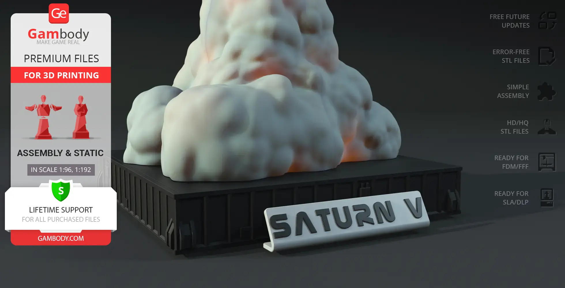 3D model base with clouds and a 'SATURN V' sign, suitable for 3D printing.