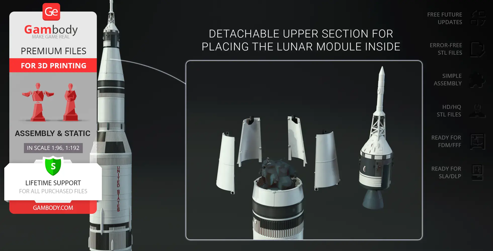 Saturn V Rocket 3D model with detachable sections for lunar module placement, for 3D printing.