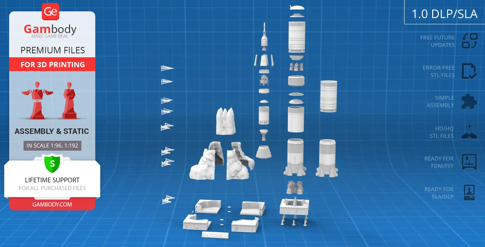 Exploded view of Apollo 11 Saturn V Rocket 3D model parts for assembly, displayed on a blue grid background.