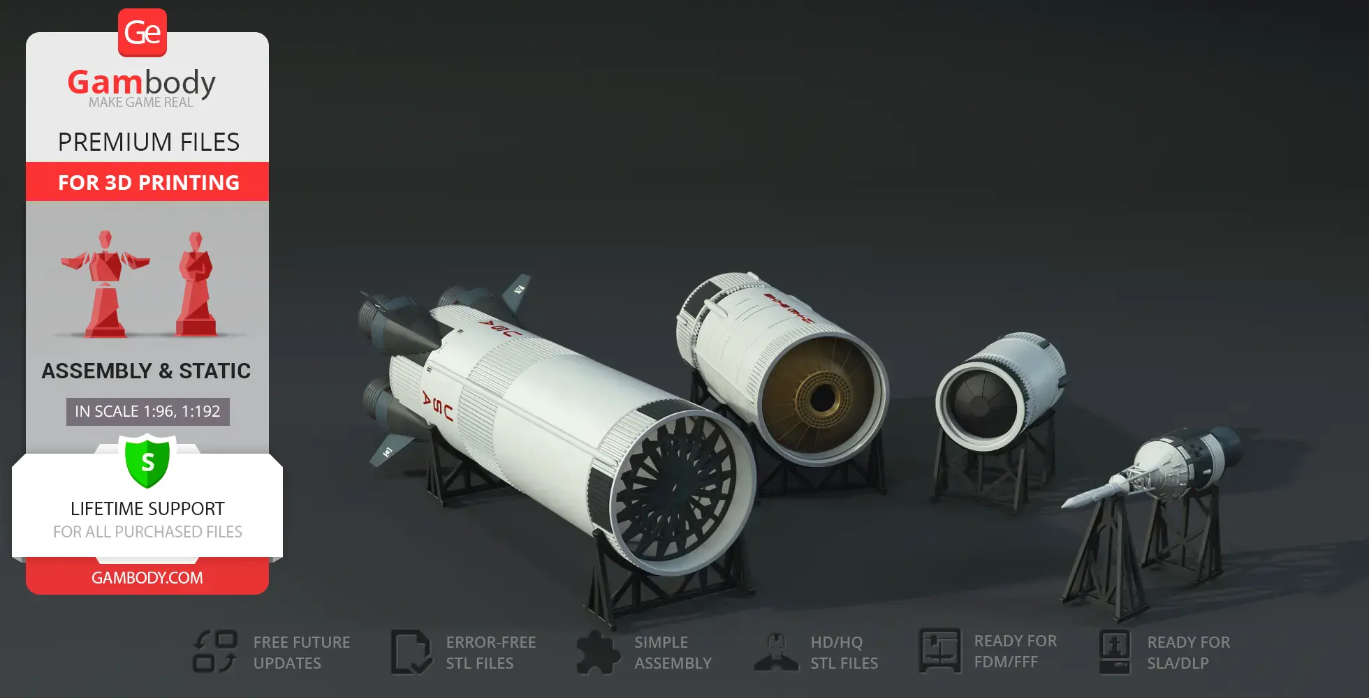 Apollo 11 Saturn V Rocket 3D model sections on stands, ready for 3D printing.