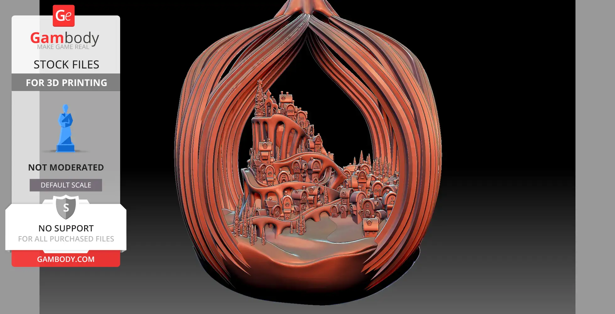 Ornate Grinch-themed pendant featuring detailed Whoville houses and trees for 3D printing.