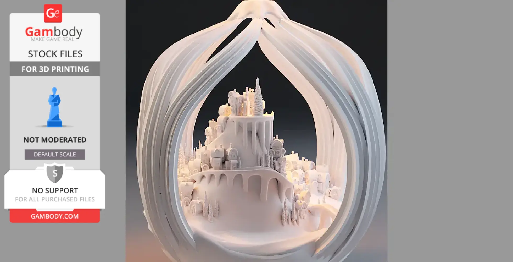 Intricate Whoville sculpture pendant with detailed buildings and trees inside a flowing draped frame.