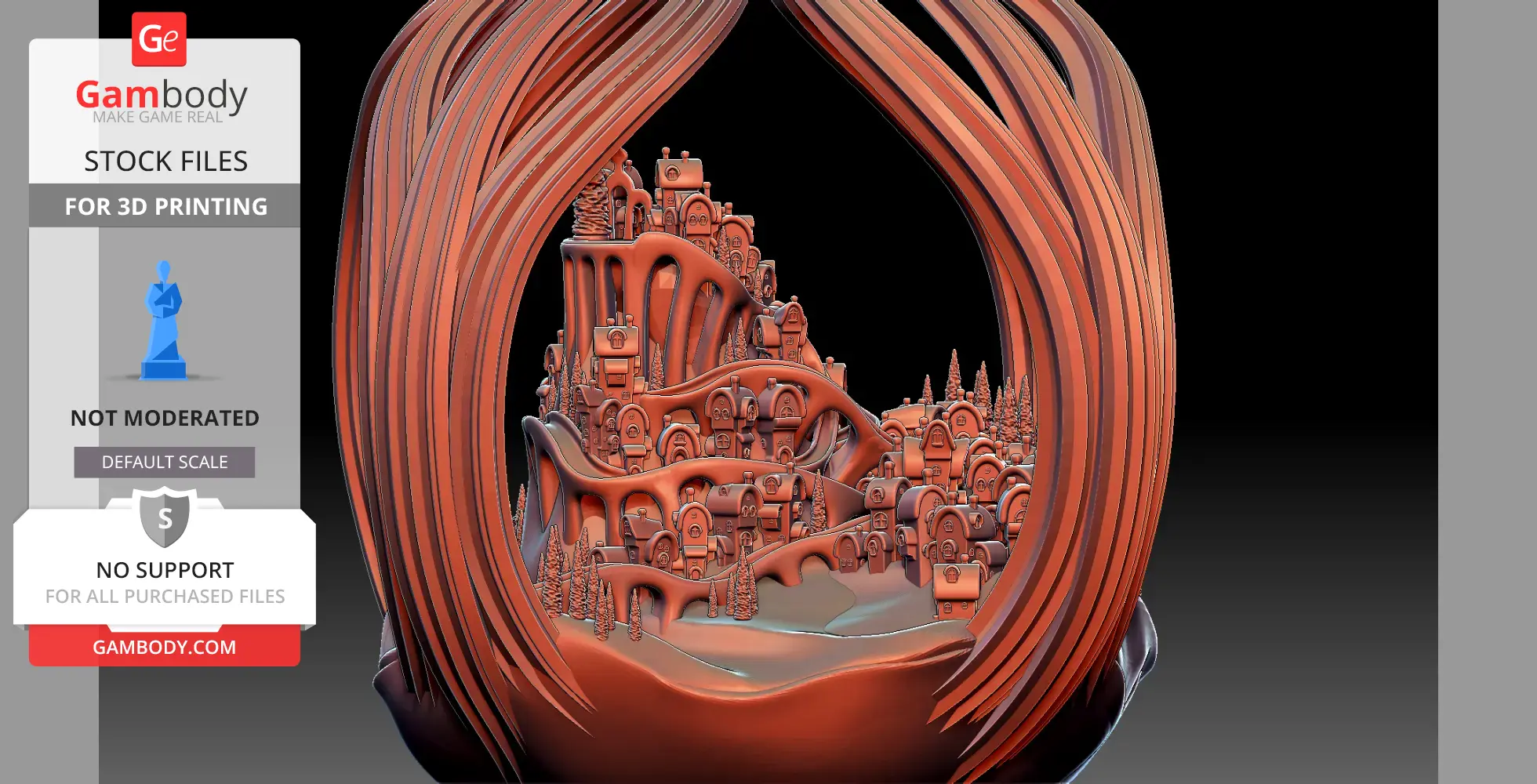 Ornate Whoville-themed sculpture pendant, featuring intricate houses and trees inside a flowing frame.