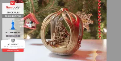 Golden ornament featuring Whoville with intricate buildings and arches, set against a festive backdrop.