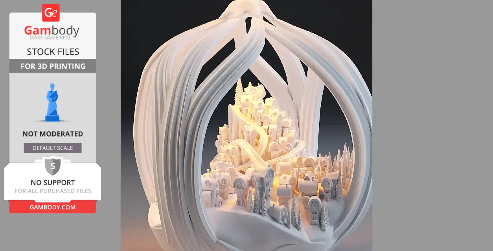 Intricate 3D model of Whoville, framed by swirling, ribbon-like arches.