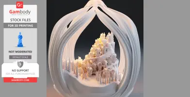 Intricate 3D-print model of a snowy Whoville scene inside an elegant, arching frame.