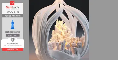 Intricate 3D model of Whoville, framed by swirling, ribbon-like arches.