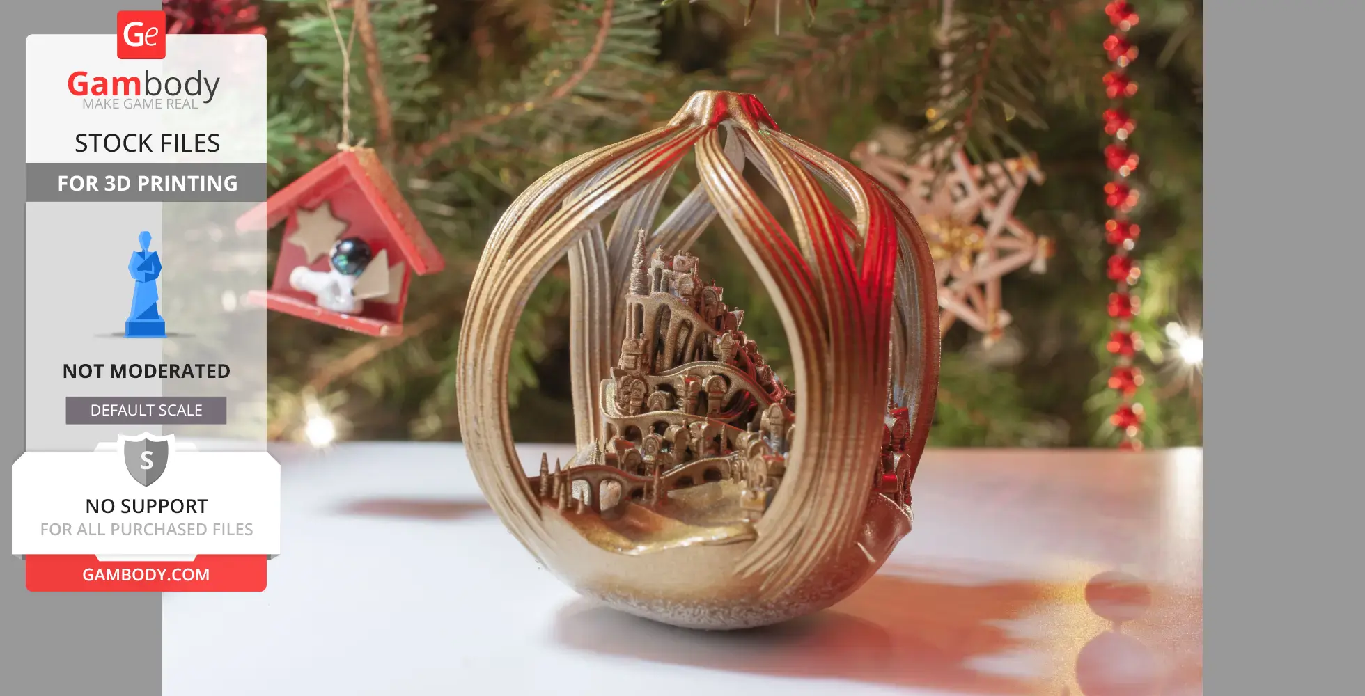 Golden ornament featuring Whoville with intricate buildings and arches, set against a festive backdrop.