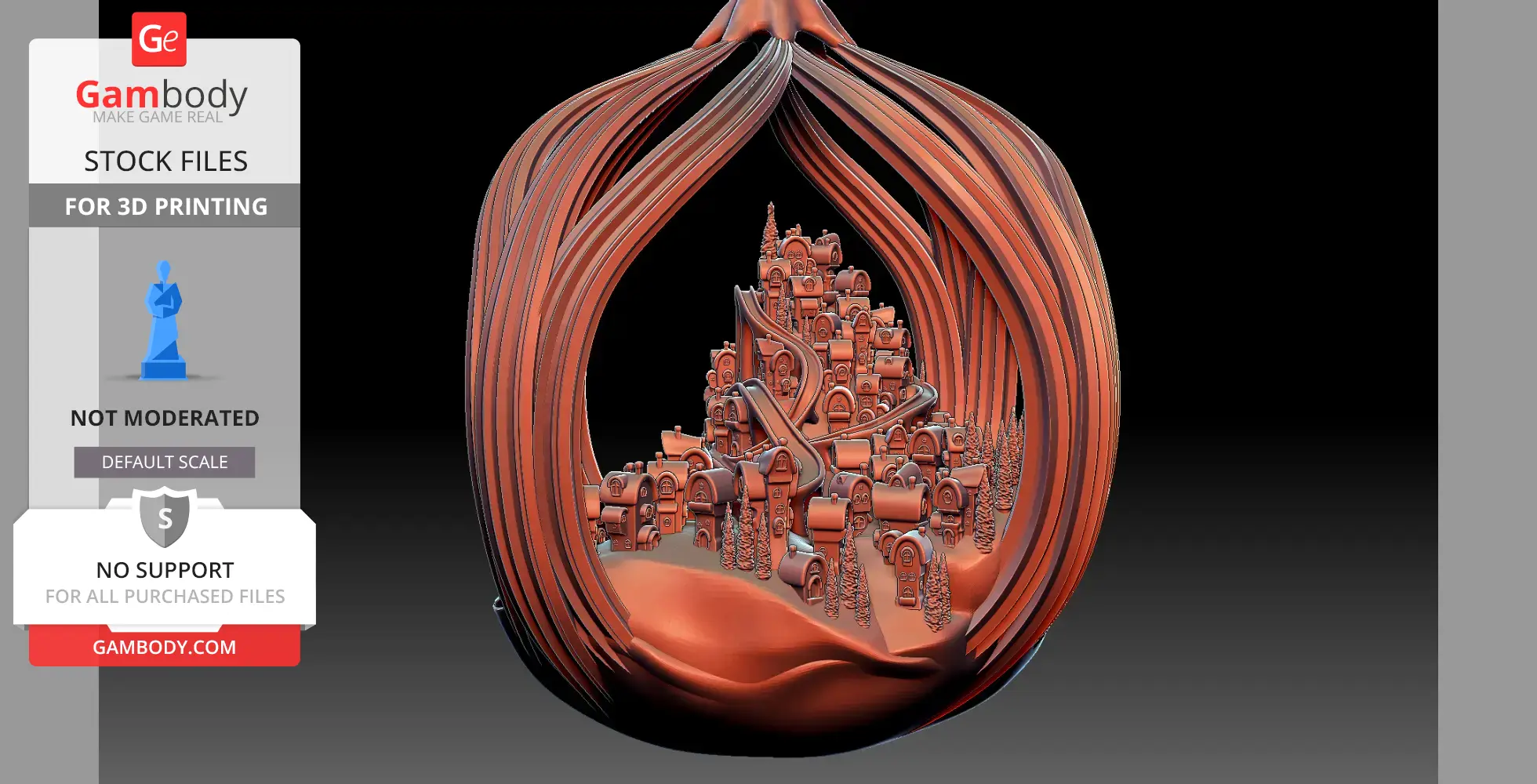 A 3D printed ornament featuring a detailed village scene from Whoville, encased in a flowing ribbon design.