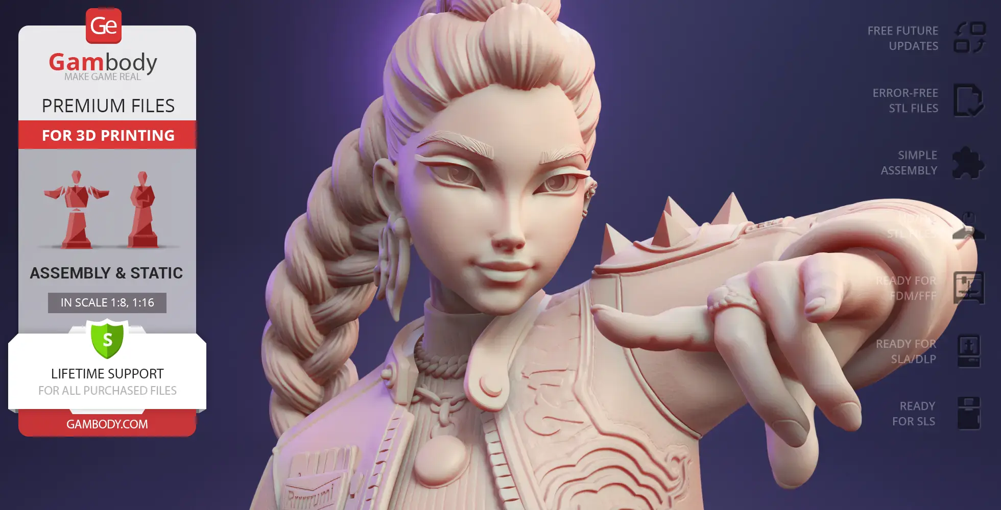 A 3D model of a stylized female character with intricate braids and armor, designed for 3D printing.