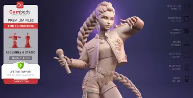 A detailed 3D model of a stylish character with a long braid, microphone, and dynamic pose, designed for 3D printing.