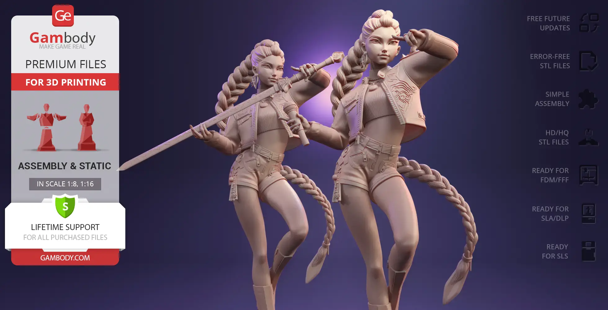 Dual 3D models of a female demon hunter with a sword and long braided hair, wearing shorts and a jacket.