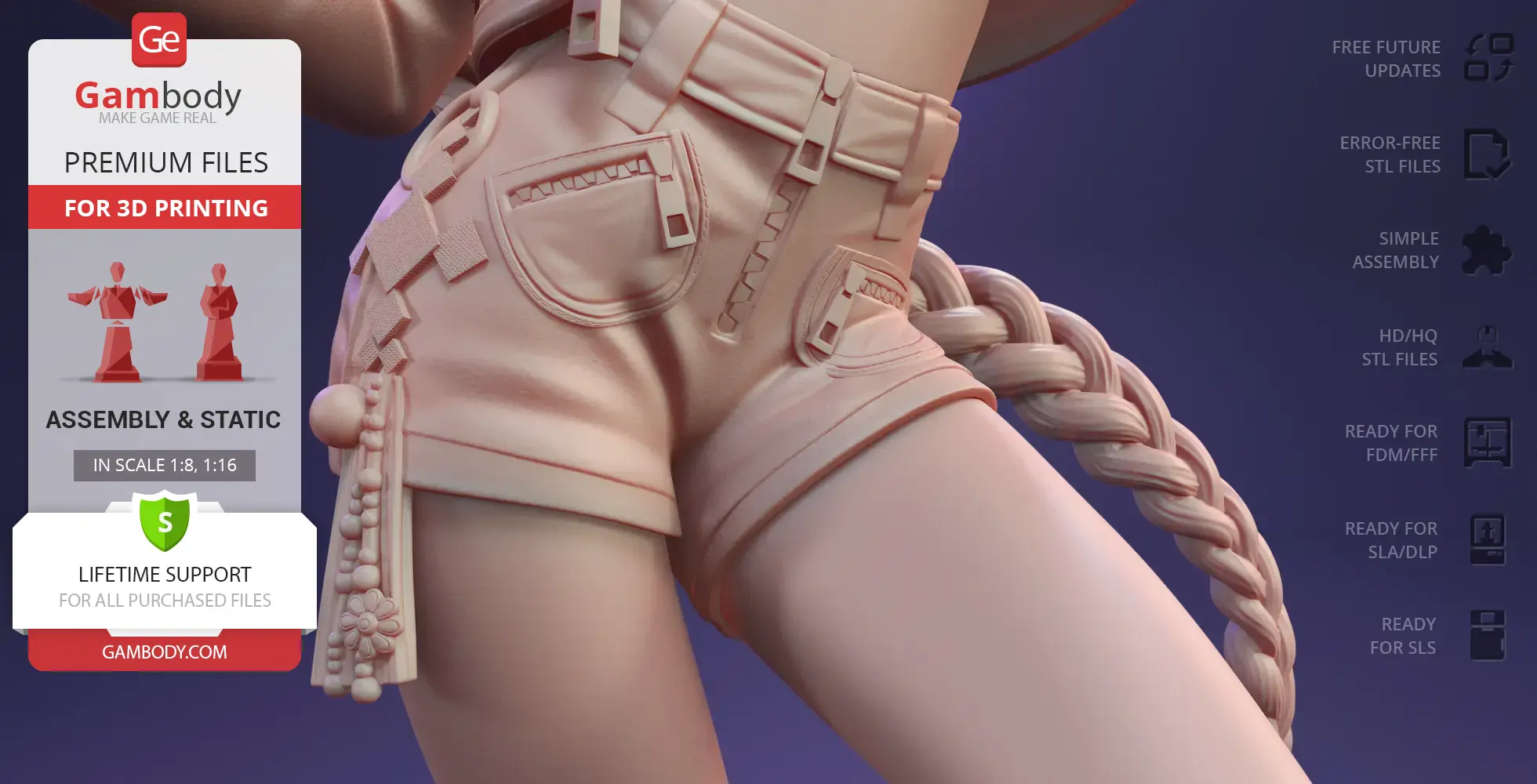 Close-up of 3D model's shorts and braid detail, ready for 3D printing, from Gambody.