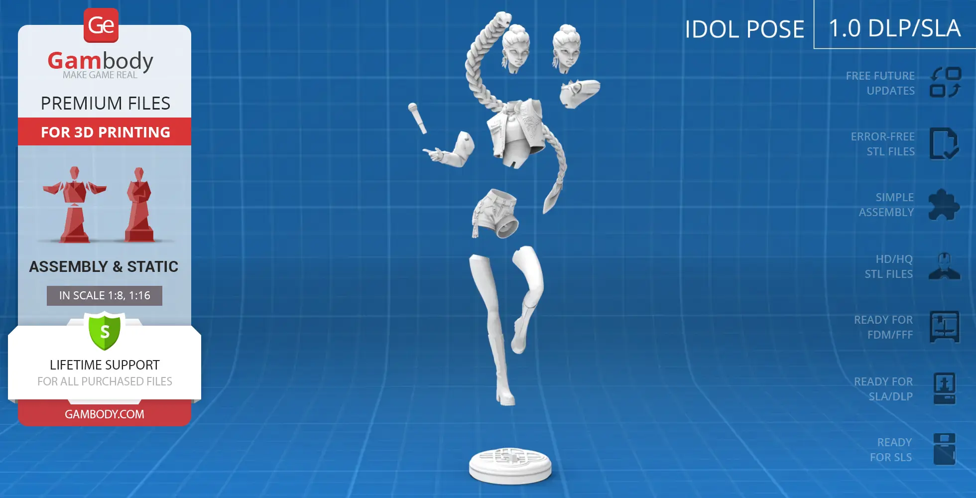 3D model pieces of a character with braided hair, microphone, and dynamic pose for assembly.
