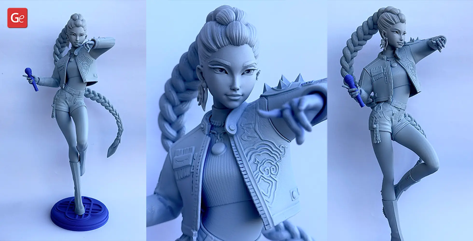 A 3D model of a stylish KPop-inspired demon hunter with braided hair, holding a microphone, dynamic pose.