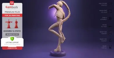 A detailed 3D model of a character with a long braid, dynamic pose, and stylish outfit on a display base.