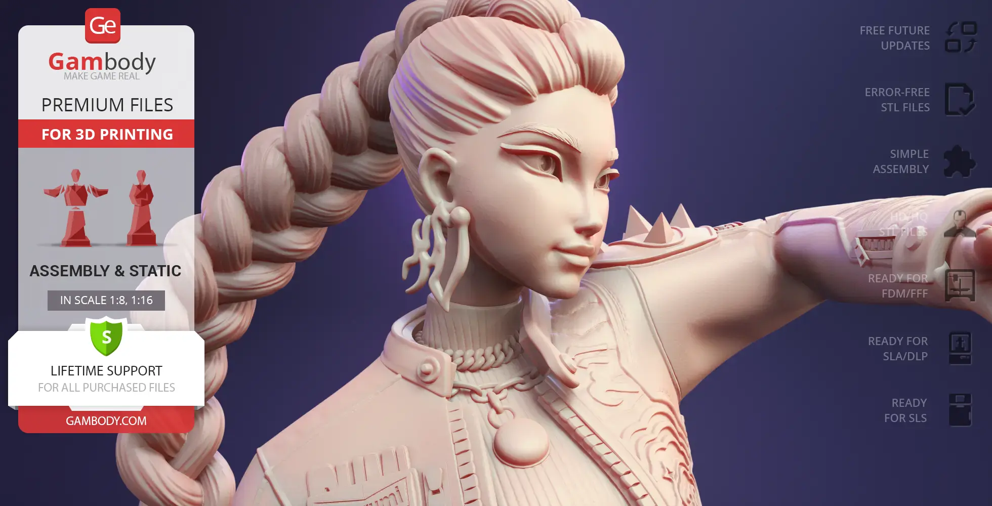 3D model of a female character with braided hair, detailed earrings, and armor, ready for printing.