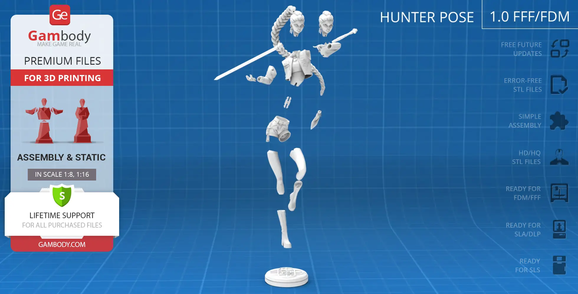 A 3D model assembly of a demon hunter figure with braided hair, armor, and a sword, shown in parts.