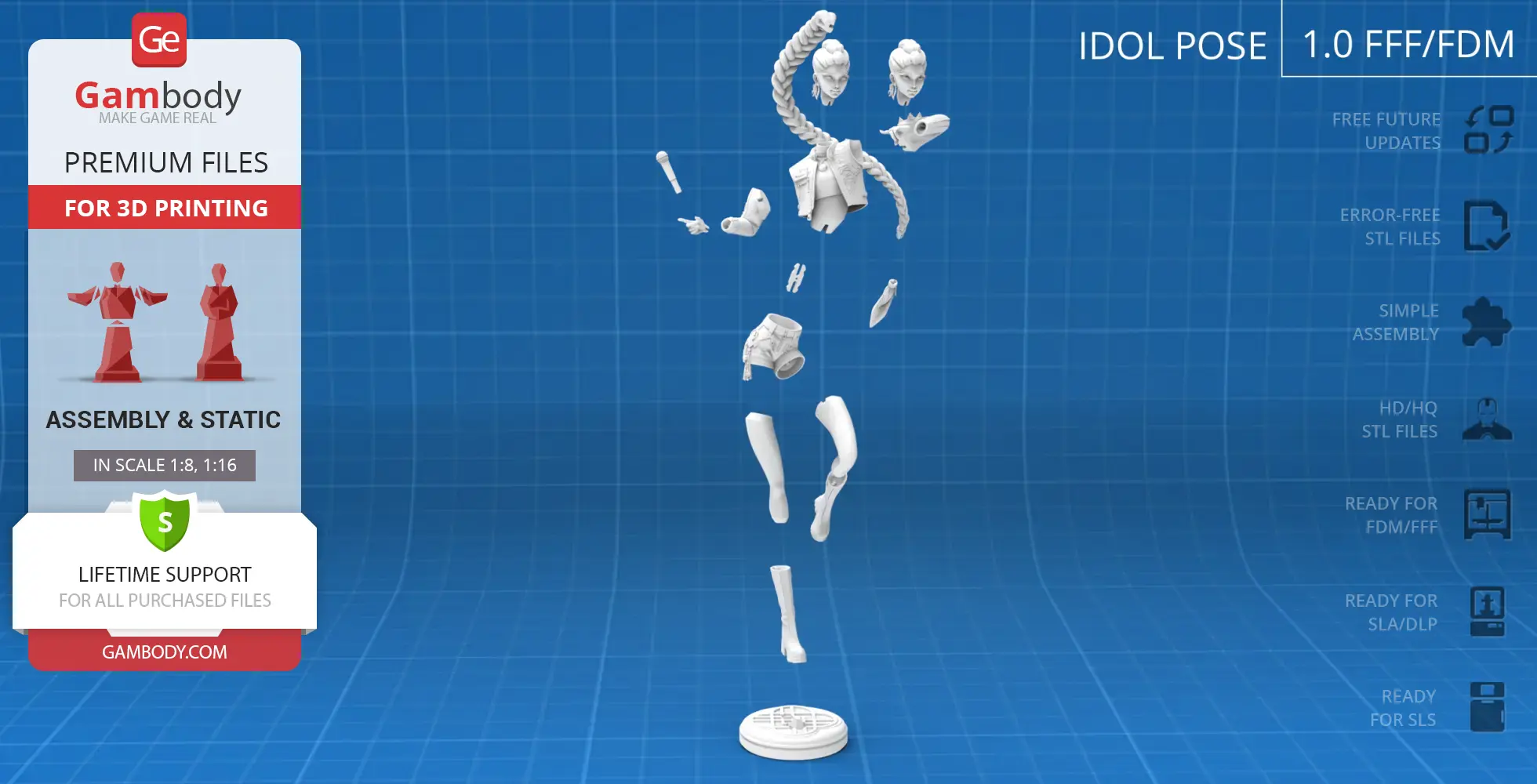 Disassembled 3D model parts of a demon hunter character with braided hair, for 3D printing.