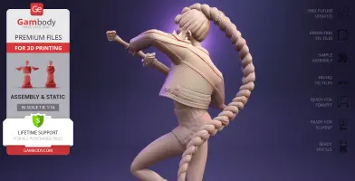 A 3D model of a dynamic character with a long braided ponytail, holding a sword, ready for 3D printing.