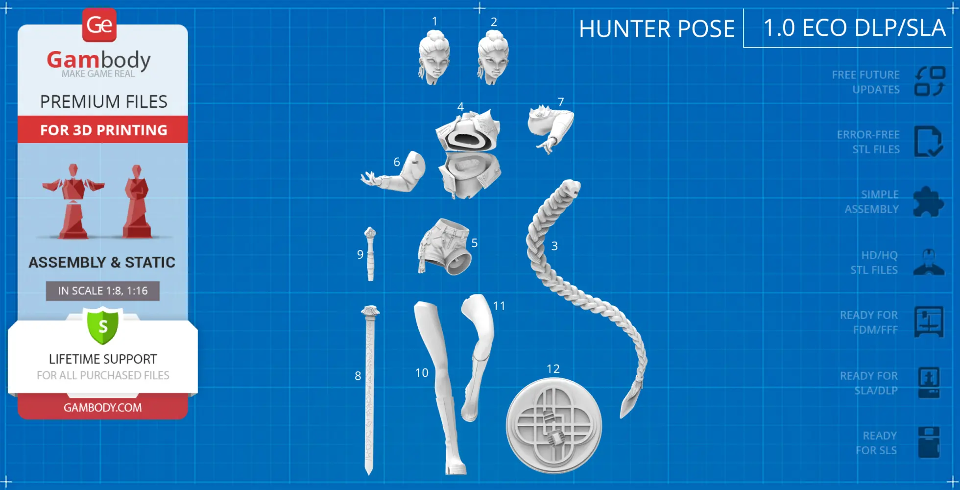 3D model parts of a KPop-themed demon hunter for assembly, including head, torso, limbs, and accessories.