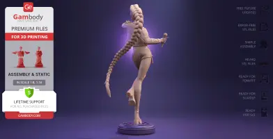 A 3D model of a demon hunter with a long braid, holding a microphone in a dynamic pose on a base.