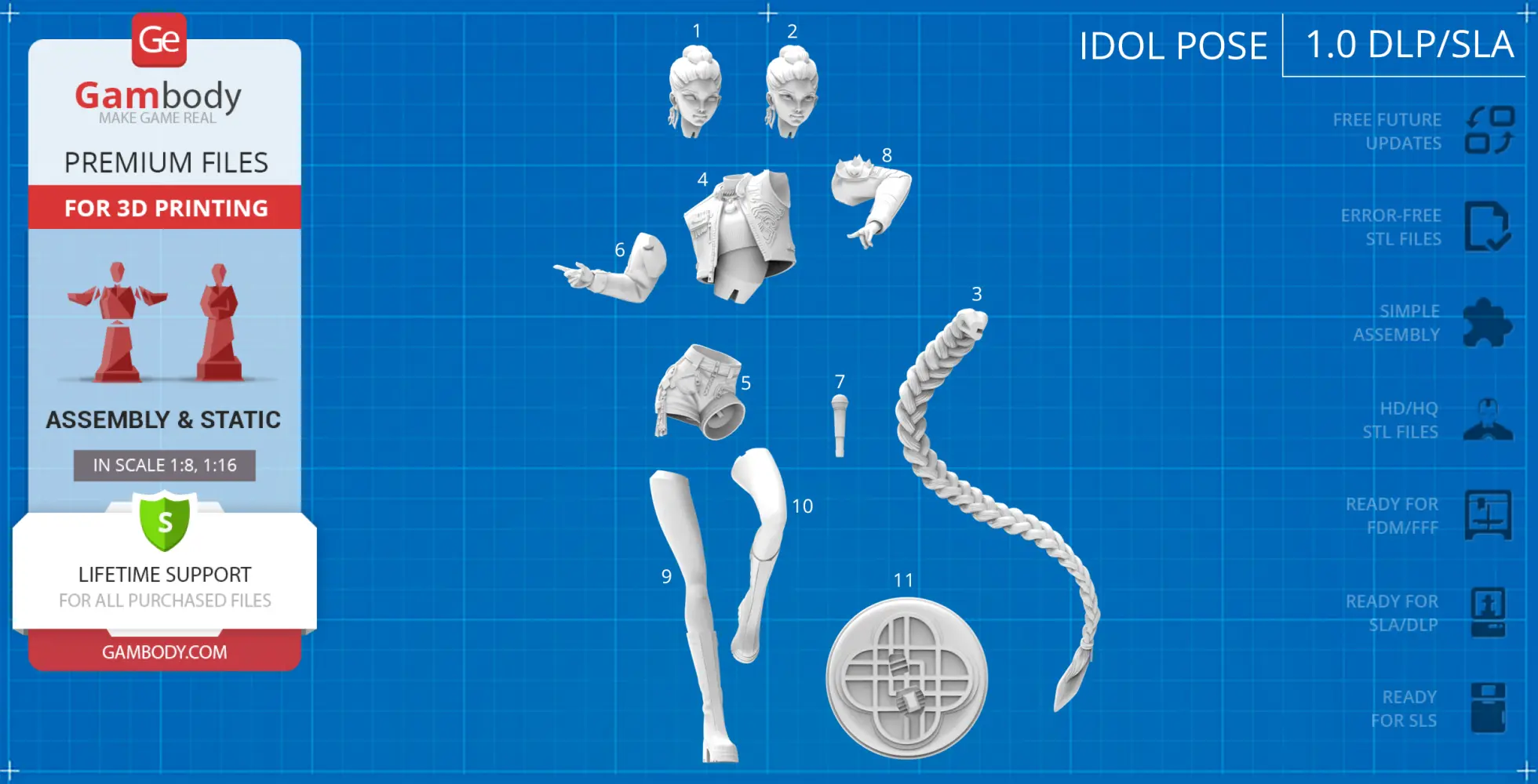 3D printable model parts for a character with braided hair, jacket, shorts, and boots on a blueprint background.