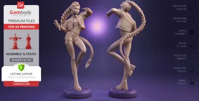 A detailed 3D model of a stylish character with long braids, dynamic pose, ready for 3D printing.