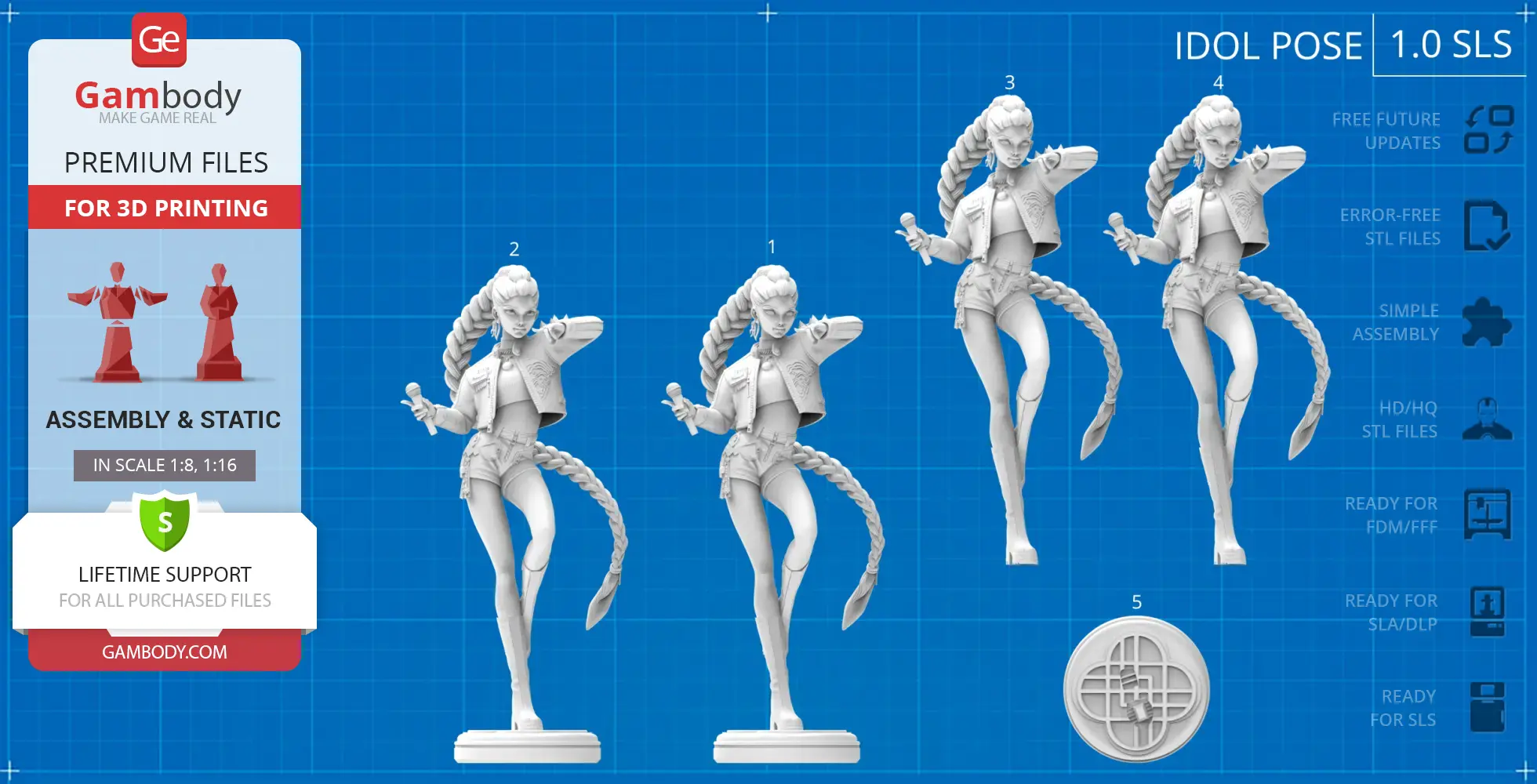 Four 3D models of a braided, stylish female character poised as a performer, ready for 3D printing.