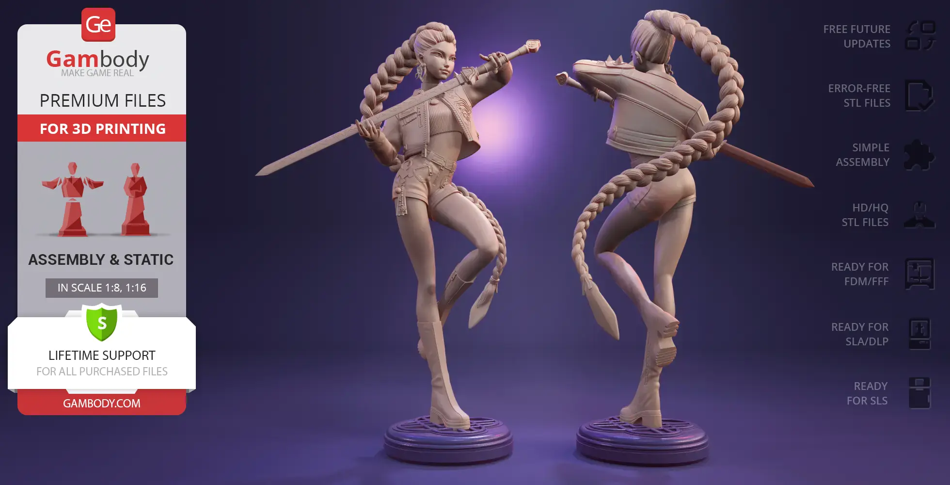 A 3D model of a stylish demon hunter with a long braid, wielding a sword, posed for printing.