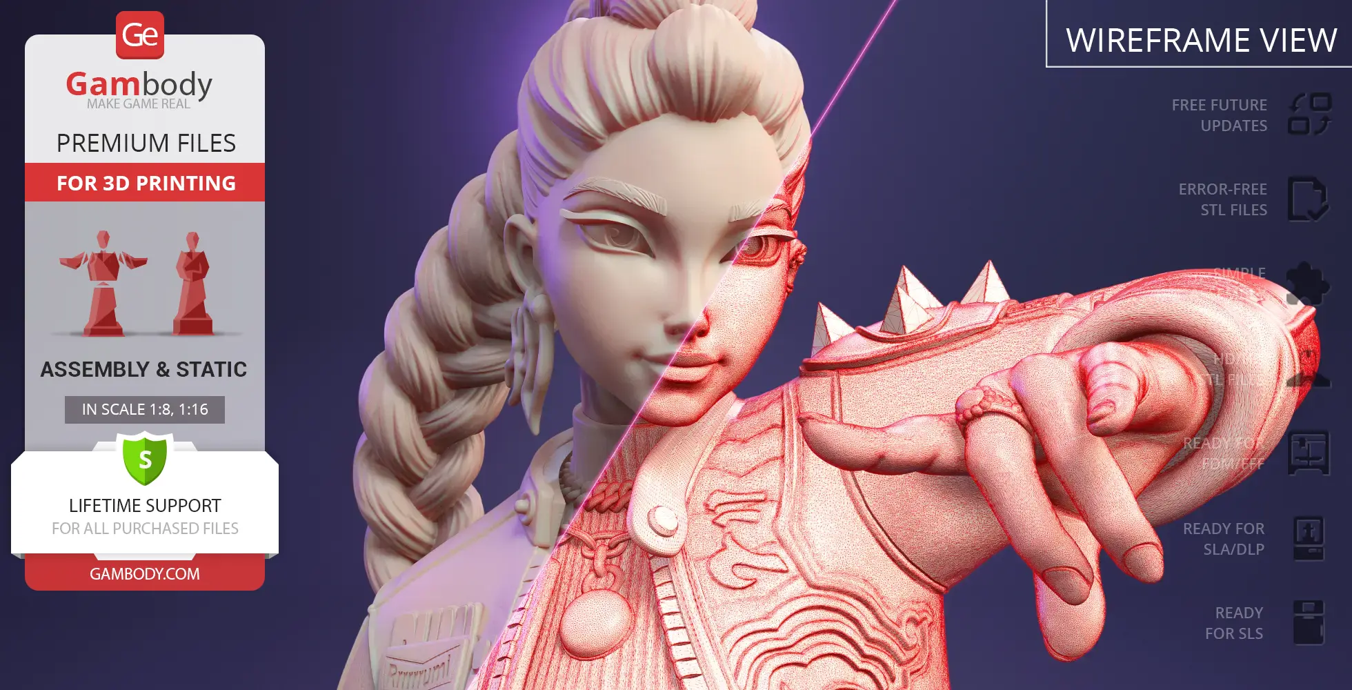 A detailed 3D model of a character with braided hair and spiked armor, in split normal and wireframe views.