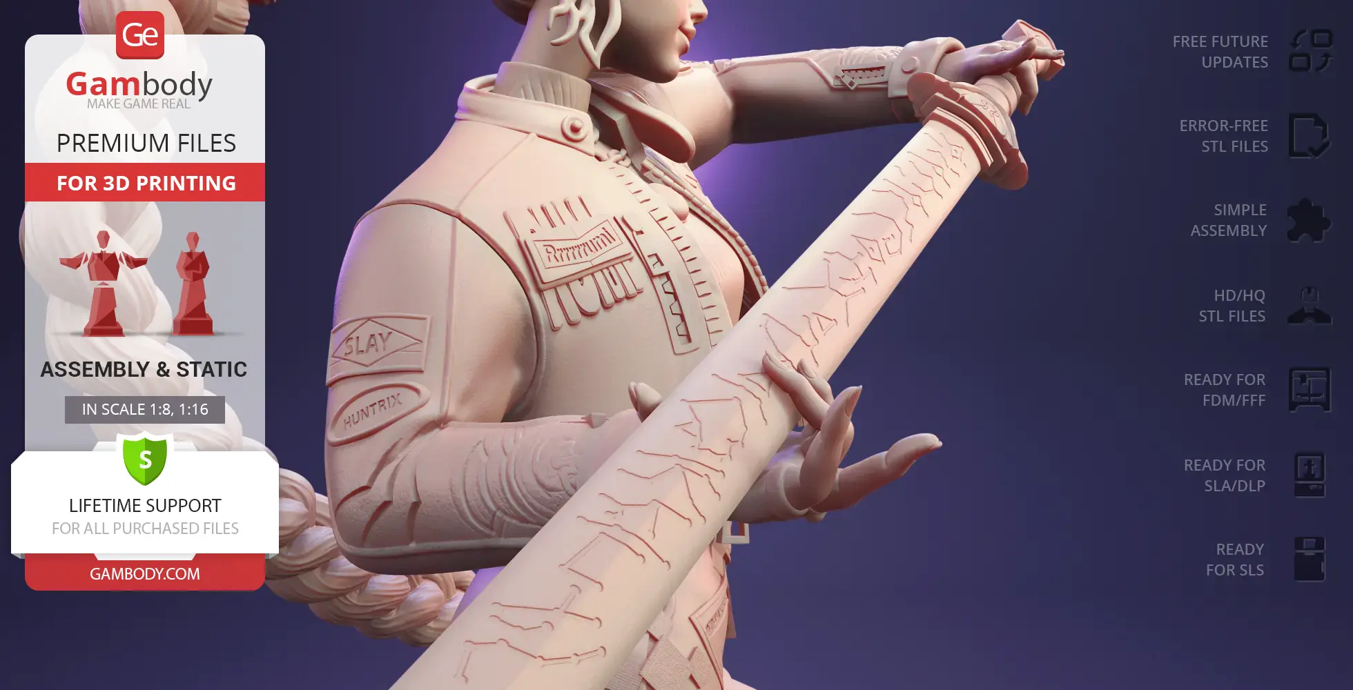 A detailed 3D model of a character holding a marked sword, wearing a jacket with intricate designs.