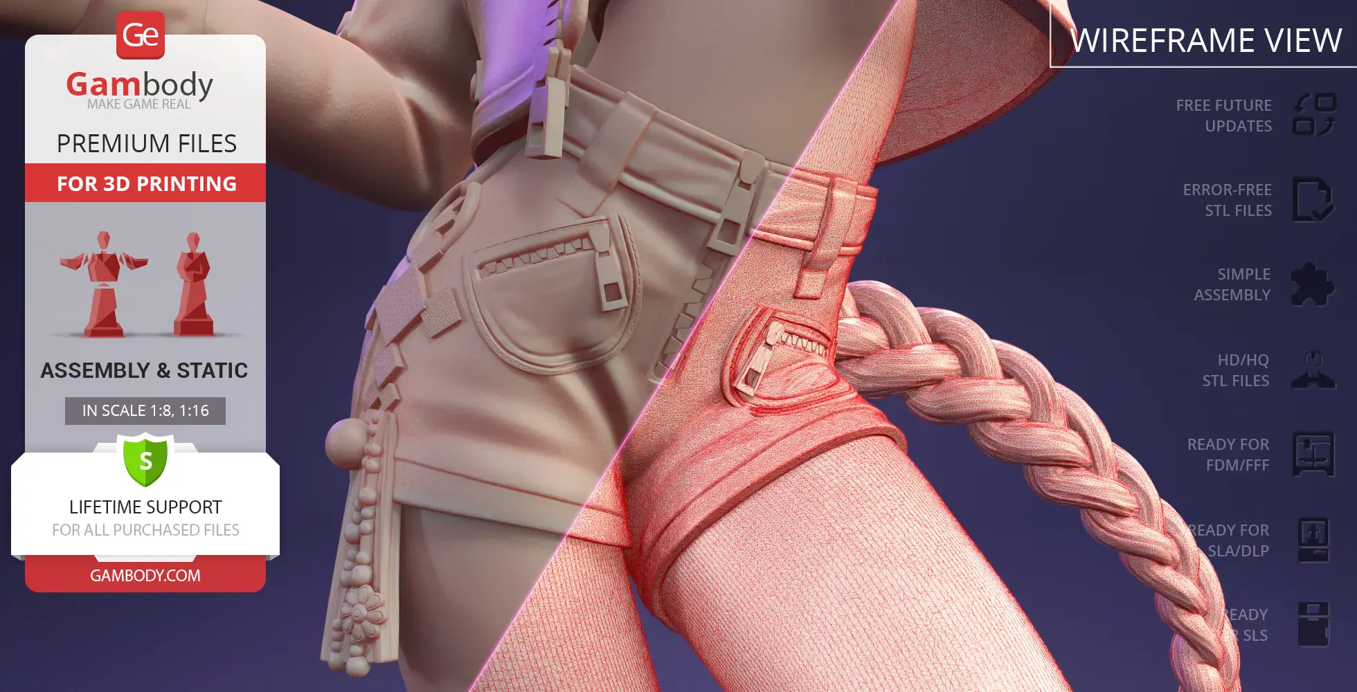 3D model of detailed clothing with straps and braid. Features wireframe and solid views.