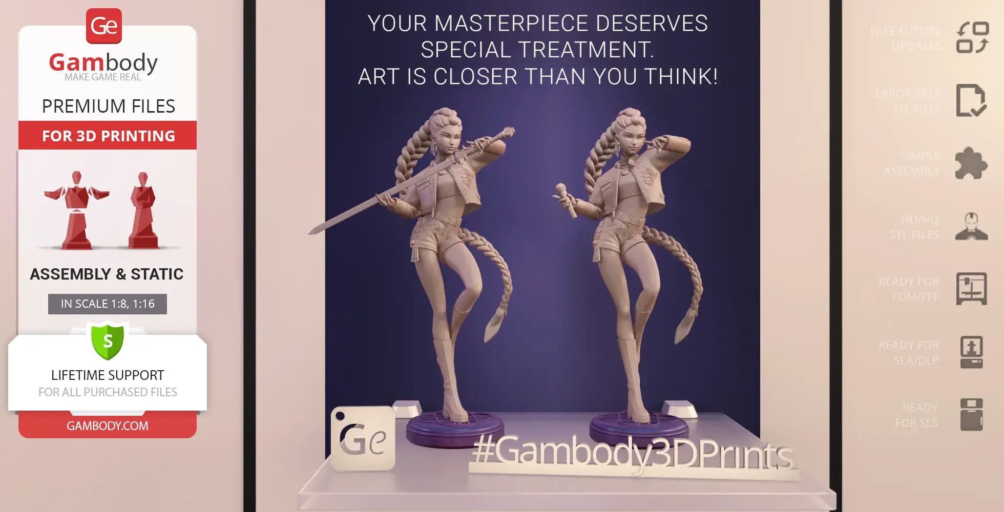 3D models of a female demon hunter holding weapons, styled with braids and modern attire.