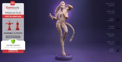 A 3D model of a woman with a long braid, holding a microphone, wearing shorts and boots on a base.