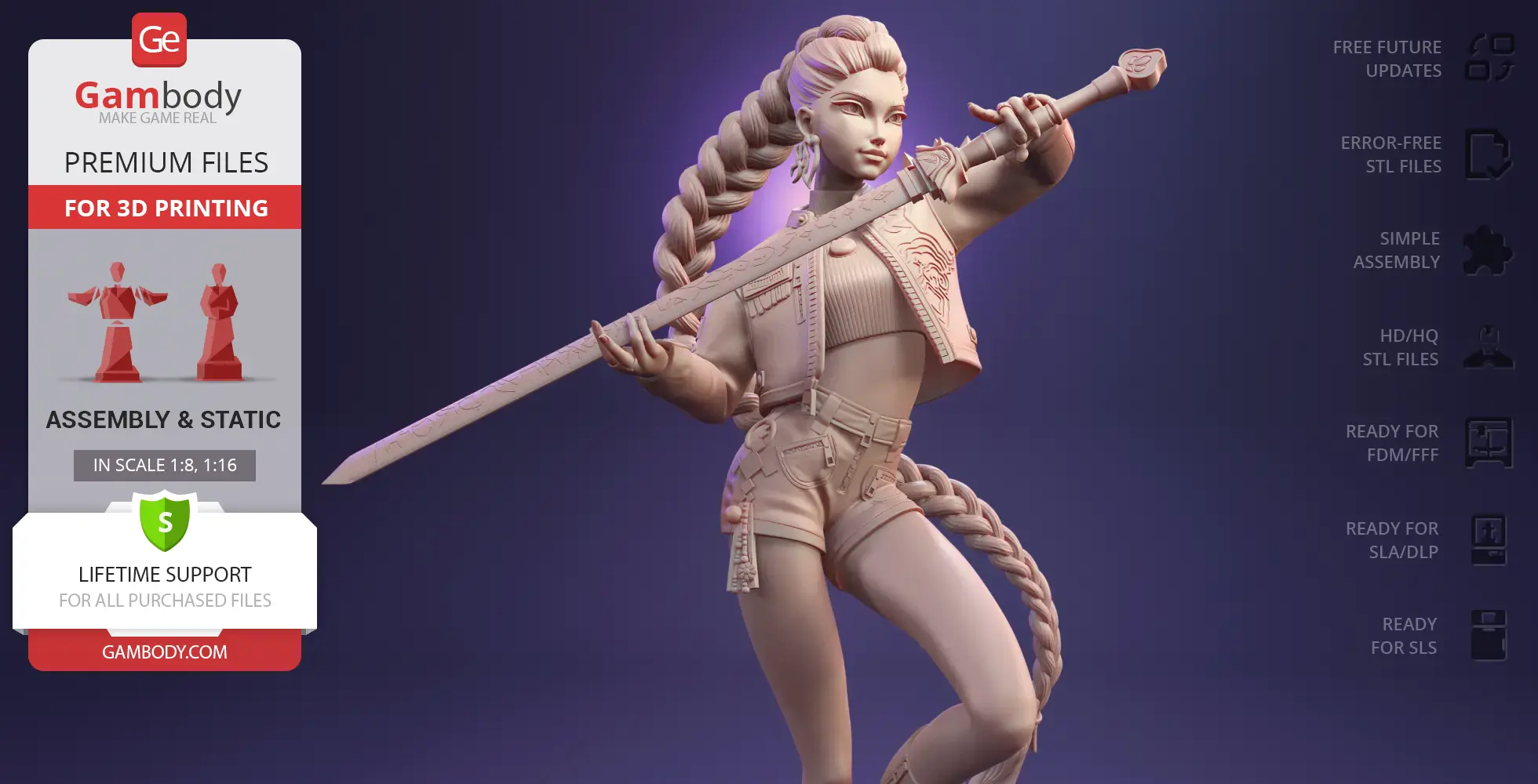 3D model of a stylish warrior with braids, holding a large sword, wearing shorts and a detailed jacket.