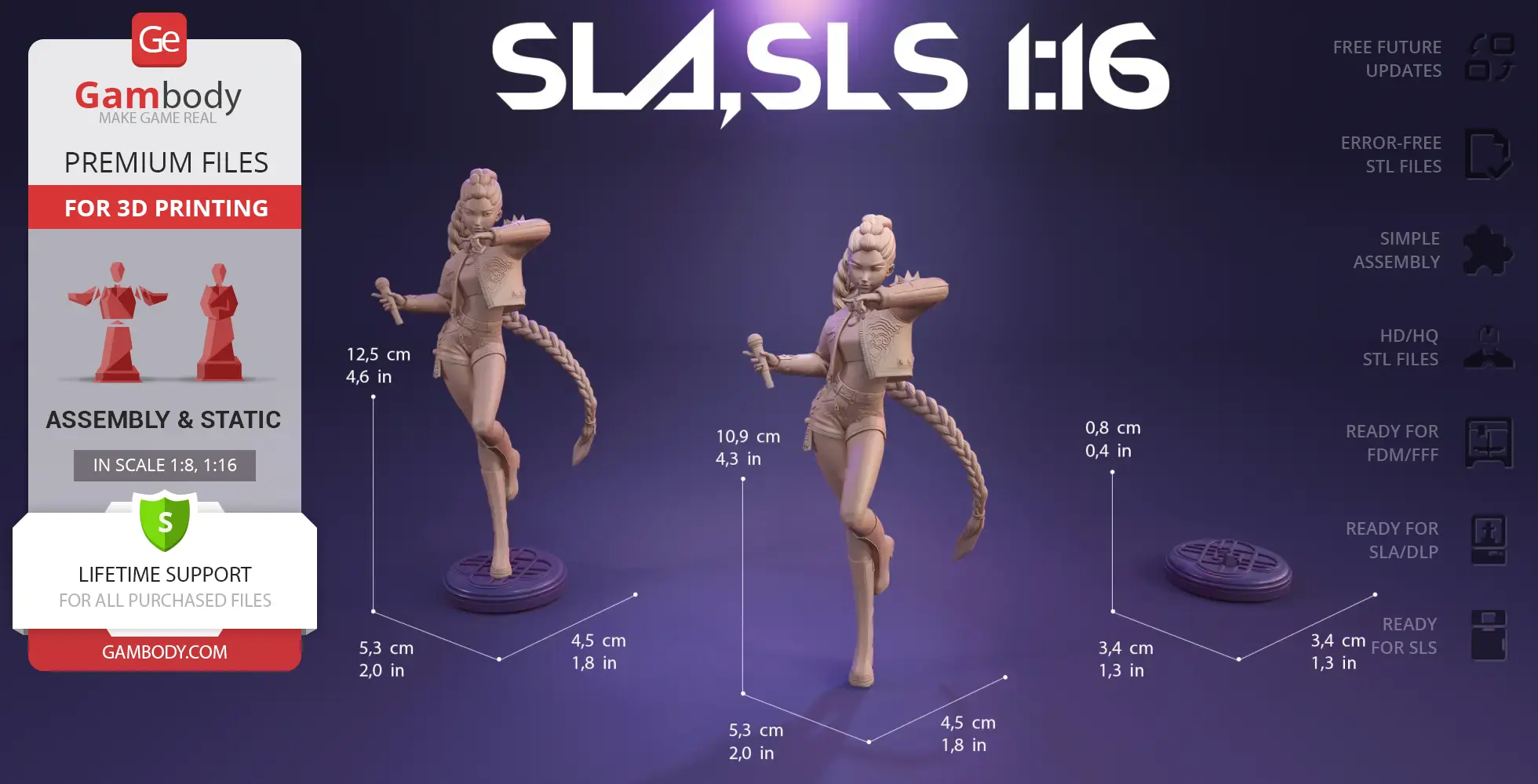 3D model of a female demon hunter with braided hair, holding a microphone, in dynamic pose for printing.