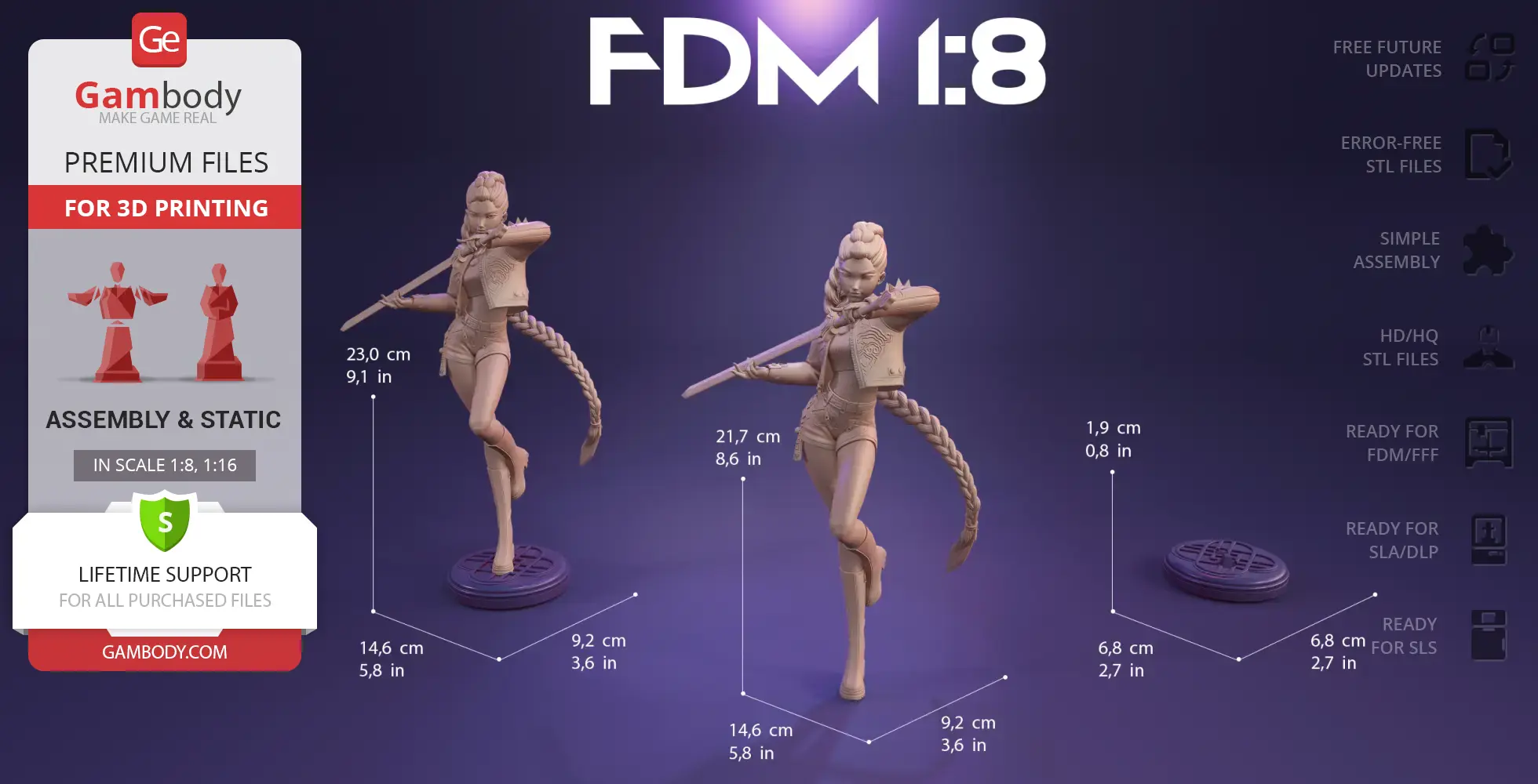 3D model of a female demon hunter in dynamic pose with a sword, measured for 3D printing.